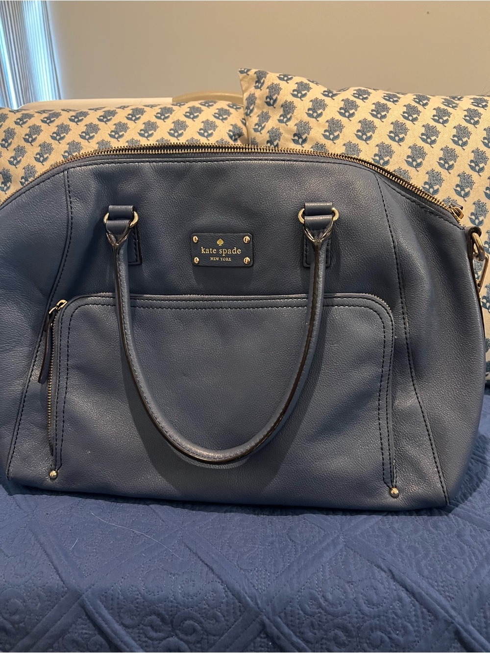 kate spade blue leather tote with gold hardware